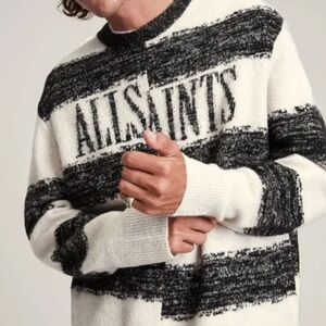All Saints Black and White Crewneck Sweater with Bold Stripes